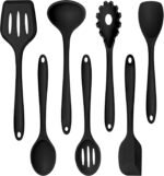 TeamFar Silicone Cooking Utensil Set of 7, Black Kitchen Nonstick Tools Turner Spoon Spatula Ladle Pasta Server for Nonstick Cookware, Healthy & One-Piece, Anti-Heat & Dishwasher Safe - Image 2
