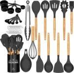 Umite Chef Kitchen Cooking Utensils Set, 33 pcs Non-Stick Silicone Cooking Kitchen Spatula Set with Holder, Wooden Handle Silicone Kitchen Gadgets Utensil Set (Black) - Image 2