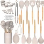 Umite Chef Kitchen Cooking Utensils Set, 33 pcs Non-Stick Silicone Cooking Kitchen Utensils Spatula Set with Holder, Wooden Handle Silicone Kitchen Gadgets Utensil Set (Khaki) - Image 2
