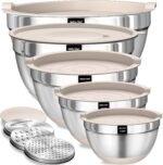 Umite Chef Mixing Bowls with Airtight Lids Set, 8PCS Stainless Steel Khaki Nesting Bowls with Grater Attachments, Kitchen Bowls with Non-Slip Bottoms, Size 5, 4, 3.5, 2, 1.5QT for Mixing & Serving - Image 2