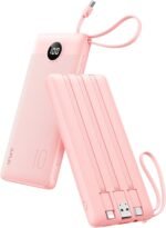 VRURC Portable Charger Power Bank, 10000mAh Travel Essentials Battery Pack, 5 Outputs 2 Inputs Slim Charging Bank Built-in Cables Cords Wires Compatible with iPhone,Samsung,Android-Pink(1 Pack) - Image 2