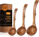 Wooden Ladle for Soup, 3 Size Teak Wood Ladle Spoon with Back Hooks, Heat Resistant Wooden Spoons for Cooking, Non-Stick, Comfortable Grip, Wood Kitchen Utensils Set for Serving, Stirring - Image 2