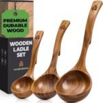 Wooden Ladle for Soup, 3 Size Teak Wood Ladle Spoon with Back Hooks for Pot & Bowl, Non-Stick Wooden Spoon Set for Cooking, Serving and Stirring - Image 2