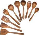 Wooden Spoons for Cooking,10 Pcs Natural Teak Wooden Kitchen Utensils Set Wooden Utensils for Cooking Wooden Cooking Utensils Wooden Spatulas for Cooking (10) - Image 2