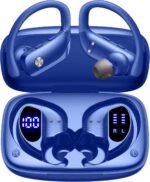 bmani Ear Buds Wireless Earbuds Bluetooth Headphones with 80H Playtime LED Display Case, Over-Ear Hook with Mic, Stereo Sound, Easy Button Controls, Sports Earphones for Running Workout Gym Blue - Image 2