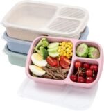 buluker 4 Pack Bento Lunch Box Set 3 Compartment Food Storage Containers Wheat Straw Meal Prep Lunch Box Plastic Food Storage Containers, Microwave and Dishwasher Safe (light colour) - Image 2