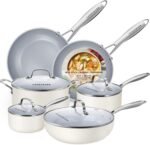 10-Piece Ceramic Nonstick Cookware Set - PFOA-Free Pots and Pans with Glass Lids, Healthy Cooking Easy Clean, Induction Compatible & Oven Safe, Includes Frying Pan, Saucepan, Stockpot - Cream White - Image 2