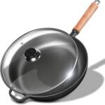 12" Cast Iron Skillets with Lid & Removable Wooden Handle, Pre-Seasoned Frying Pan for Stove, Oven, Grill & Campfire Cooking (1, 12") - Image 2