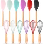 12 Pcs Small Silicone Whisks and Spatulas with Wooden Handle for Cooking 10 Inch Mini Whisk Spatula Non Stick Kitchen Baking Essentials Cookware for Valentines Day Party Favor Gift Supplies - Image 2