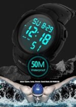 PASOY Mens Women Digital Watch Big Dial Light LED Swim Waterproof Rubber Band Alarm Black LED Watches 50MM - Image 4