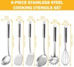 6-Piece Kitchen Cooking Utensils Set, Stainless Steel Kitchen Utensils with Suspendable Handle, Spatula, Slotted Turner, Soup Ladle, Slotted Spoon, Whisk, Pasta Server, Dishwasher Safe - Image 3