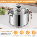 Tri-Ply Stainless Steel Stock Pot, 6.5 Quart Heavy Duty Induction Cooking Pot with Visible Lid for Pasta, Soup, Spaghetti, Sturdy & Double Handle, Dishwasher Safe - Image 3