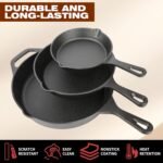Cast Iron Skillet 3-Piece Set, 6", 8", 10" Frying Pans, Heavy-Duty Pre-Seasoned Pan Cookware Set, For Frying, Saute, Cooking, Pizza & More, Black - Image 4