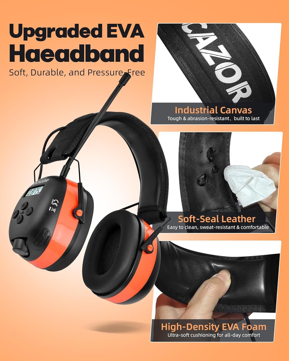 HP033 Pro Bluetooth 5.4 AM FM Radio Headphones with Type-C Charge Port Ear Protection Rechargeable Safety Earmuffs for Mowing Workshops Orange - Image 4