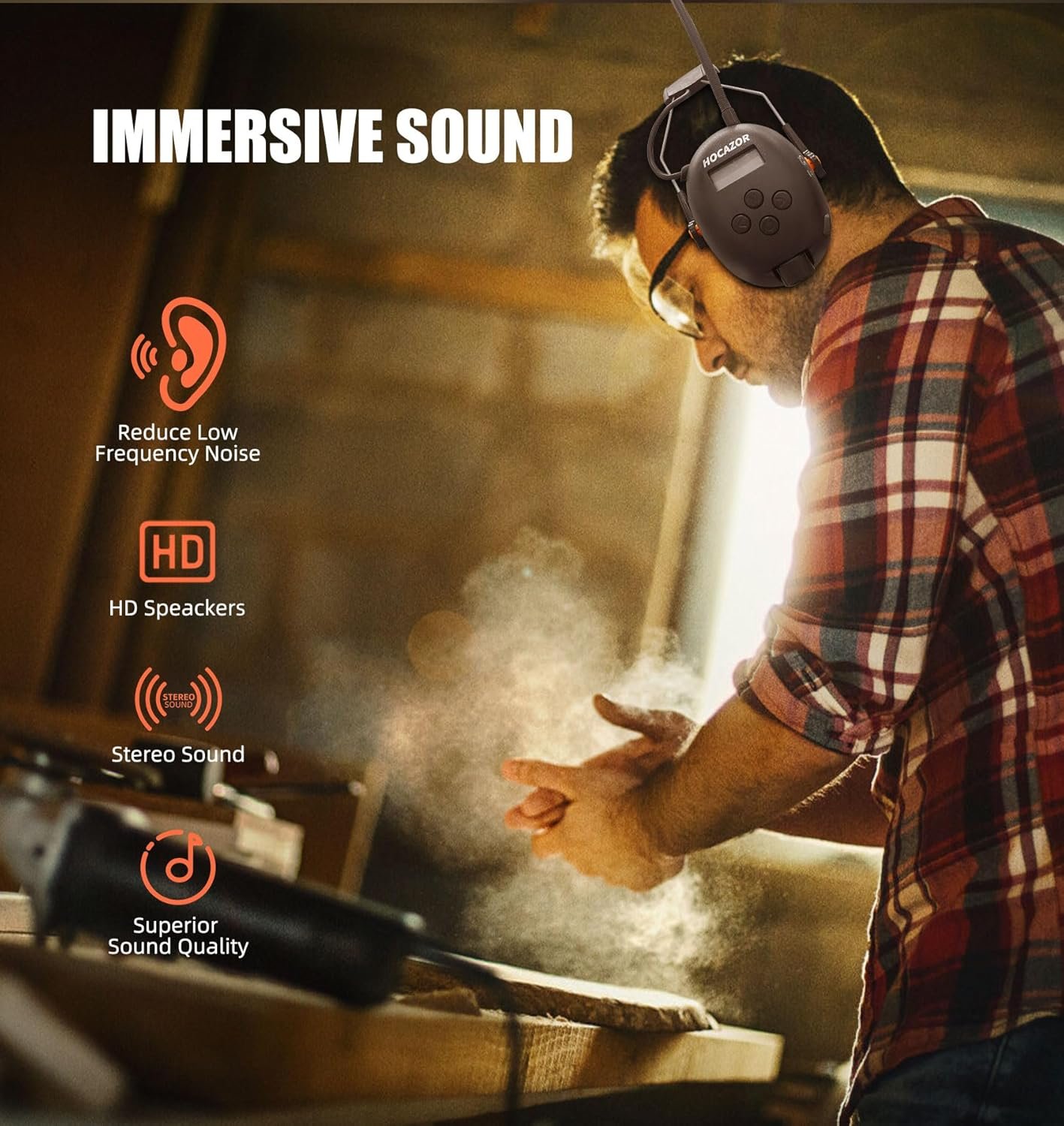 HP033 Pro Bluetooth 5.4 AM FM Radio Headphones with Type-C Charge Port Ear Protection Rechargeable Safety Earmuffs for Mowing Workshops Orange - Image 6