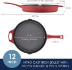 Rachael Ray NITRO Cast Iron Frying Pan/Skillet with Helper Handle and Pour Spouts, 12 Inch, Red - Image 3