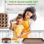 NutriChef 6-Piece Nonstick Bakeware Set, Carbon Steel Baking Pans Set, Includes Cookie Sheets, Wide & Square Bake Pans, Bread Loaf & Round Cake Pan, Muffin Pan - Gold - Image 3