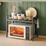 NETEL Expandable Microwave Stand,2 Tier Metal Kitchen Countertop Organizer Shelves with 8 Hooks,Bakers Rack,Microwave Shelf,Microwave Oven Rack,55lbs Weight Capacity - Image 3