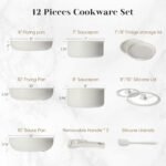 Sweetcrispy 12 pcs Pots and Pans Set, Nonstick Kitchen Induction Cookware Suit with Detachable Handle, Dishwasher Oven Safe, Milky White - Image 3