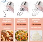 Electric Stand Mixer, 5.3QT Kitchen Mixer, 6+P Speed Tilt-Head Electric Food Mixers with Egg Cream Whisk, Dough Hook, Flat Beater, Bread Dough Mixer for Baking, Pink - Image 5
