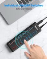 Powered USB 3.0 Hub, Wenter 11-Port Hub Splitter (7 Faster Data Transfer Ports+ 4 Smart Charging Ports) with Individual LED On/Off Switches, Power Adapter for Mac, PC - Image 5