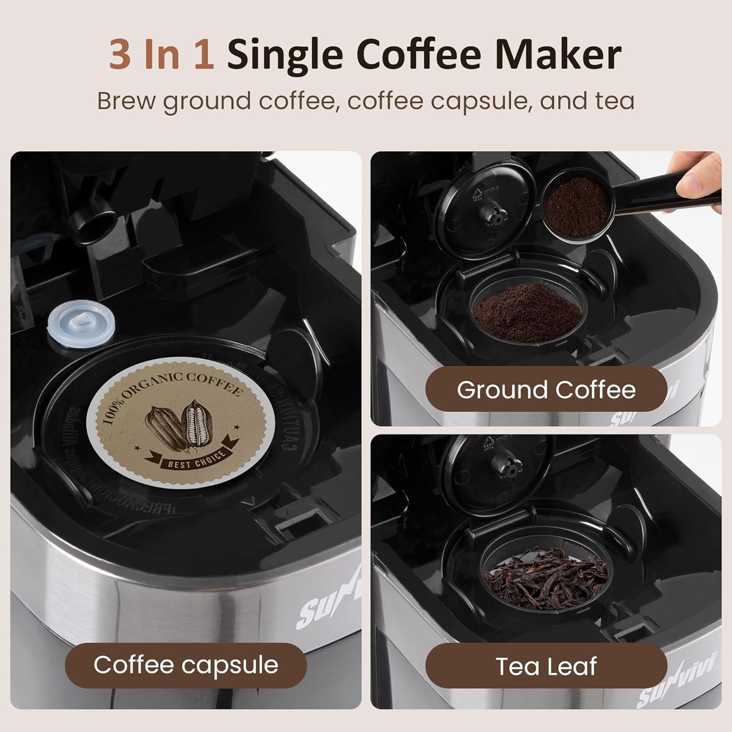 SUNVIVI Iced Coffee Maker, Single Serve Coffee Maker with 3 Brewing Options for K Cup Pod or Ground Coffee, 30oz Removable Water Reservoir & Reusable Filter, Ideal for Home & Office, Black - Image 4