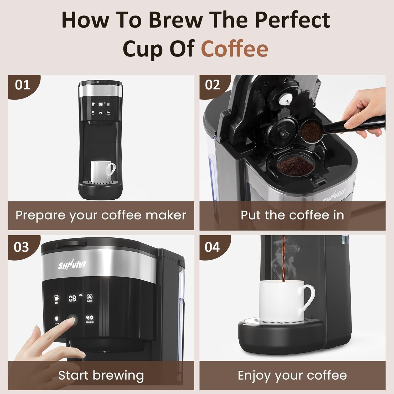 SUNVIVI Iced Coffee Maker, Single Serve Coffee Maker with 3 Brewing Options for K Cup Pod or Ground Coffee, 30oz Removable Water Reservoir & Reusable Filter, Ideal for Home & Office, Black - Image 5