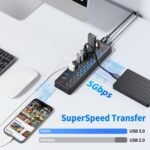 Powered USB Hub, JESWO 11 Port USB 3.0 Hub, 10 USB 3.0 Data Transfer Ports + 1 Smart Charging Port, USB Hub Powered with Individual LED On/Off Switches and 12V/3A Power Adapter - Image 3