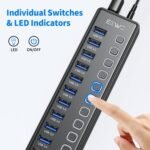 Powered USB Hub, JESWO 11 Port USB 3.0 Hub, 10 USB 3.0 Data Transfer Ports + 1 Smart Charging Port, USB Hub Powered with Individual LED On/Off Switches and 12V/3A Power Adapter - Image 4