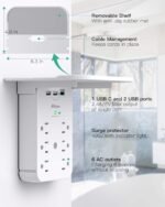 Wall Outlet Extender with Surge Protector, 6 AC Outlets, Shelf, 2 USB & USB C Charging Ports - Home & Dorm Plug Expander - Image 4