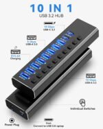 Powered USB Hub 3.2,10-Port USB 3.2/USB C Hub (10Gbps USB-A 3.2 +2 USB-C 3.2 +7 USB 3.0 Ports) with Individual On/Off Switches and 12V Power Adapter, Aluminum USB Hub Powered for Laptop PC - Image 3