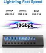 Powered USB Hub 3.2,10-Port USB 3.2/USB C Hub (10Gbps USB-A 3.2 +2 USB-C 3.2 +7 USB 3.0 Ports) with Individual On/Off Switches and 12V Power Adapter, Aluminum USB Hub Powered for Laptop PC - Image 4