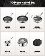 Pots and Pans Set Hybrid Stainless Steel, 10PC Nonstick Tri-Ply Cookware Set w/Frying pan, Dishwasher & Oven Safe, PFOA-Free, Metal Utensil Safe, Suitable for All Cooktops - Image 3