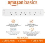 Amazon Basics Smart Plug Power Strip with 6 Individually Controlled Outlets and 3 USB Ports (2 USB-A and 1 USB-C), Works with Alexa Only, 2.4 GHz Wi-Fi, No Hub Required, White - Image 3