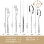 KINGSTONE 20 Piece Hammered Silverware Set, 18/10 Stainless Steel Flatware Set for 4, Cutlery Set for Home, Party, Wedding, Mirror Polished Dishwasher Safe - Image 3