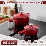 E-far Sauce Pan Set with Lid, 1Qt & 2Qt Enameled Cast Iron Pot Sets for Kitchen Cooking, Small Heavy Duty Dutch Oven Saucepans & Self-basting Lids, Induction-Ready & Easy Clean, Red - Image 3