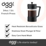 Oggi Borosilicate Glass French Press Coffee Maker (34oz)- 8 Cup Capacity, Coffee Press, Single Serve Coffee Maker, Stainless Steel Lid & Plunger, Make Great Coffee Gifts - Image 8