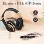 Bluetooth Headphones Over Ear, 6S Wireless Headphones Wired with 6 EQ Modes, 40 Hours Playtime Foldable HiFi Stereo Headset with Microphone, FM/TF for Cellphone/PC/Work (Black & Gold) - Image 3