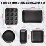 5-Piece Kitchen Non-Stick Baking Pan Set, Including Round/Square Cake Pan, Muffin Pan, Bread Pan, Baking Pan, and Baking Sheet, Durable and Scratch-Resistant Baking Set, Black - Image 3