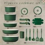CAROTE 19Pcs Ceramic Cookware Set, Pots and Pans Set Non stick, Non Toxic Cookware Detachable Handle, Kitchen Cooking Set - Induction Cookware, Dishwasher/Oven Safe, PFAS Free, Green - Image 3