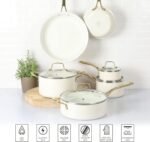 Martha Stewart Lockton Premium Non stick Non Toxic PFA Free Ceramic Interior 10 Piece Heavy Gauge Enamel Aluminum Pots and Pans Cookware Set - Linen White w/Gold Handle - Image 4