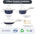 Pots and Pans Set, 7 Piece Nonstick Ceramic Cookware Set, Kitchen Induction Cookware Sets, Pots and Pans Non Stick with Oven Safe Handle, 100% PFOA Free, Blue - Image 3