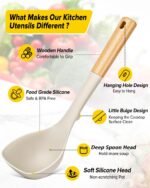 Silicone Soup Ladle and Spaghetti Spoon Set with Wooden Handle, Non Stick Heat Resistant Kitchen Utensils for Cooking, Stirring, Serving Pasta, Soup & Sauce(KHAKI) - Image 3