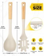 Silicone Soup Ladle and Spaghetti Spoon Set with Wooden Handle, Non Stick Heat Resistant Kitchen Utensils for Cooking, Stirring, Serving Pasta, Soup & Sauce(KHAKI) - Image 4