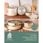 Bloomhouse - Two Time Oprah's Favorite Things Winner - 15 Piece Pots and Pans Heavy Duty Aluminum Premium PFA Free Ceramic Nonstick Cookware Set - Almond Cream w/Gold Handle - Image 3