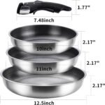 3-Piece Stainless Steel Frying Pan Set with Detachable Handle, Nonstick Omelet Pans, Multiple Sizes Skillet for Cooking, Dishwasher Safe (Size 10,11,12.5 inch) - Image 3
