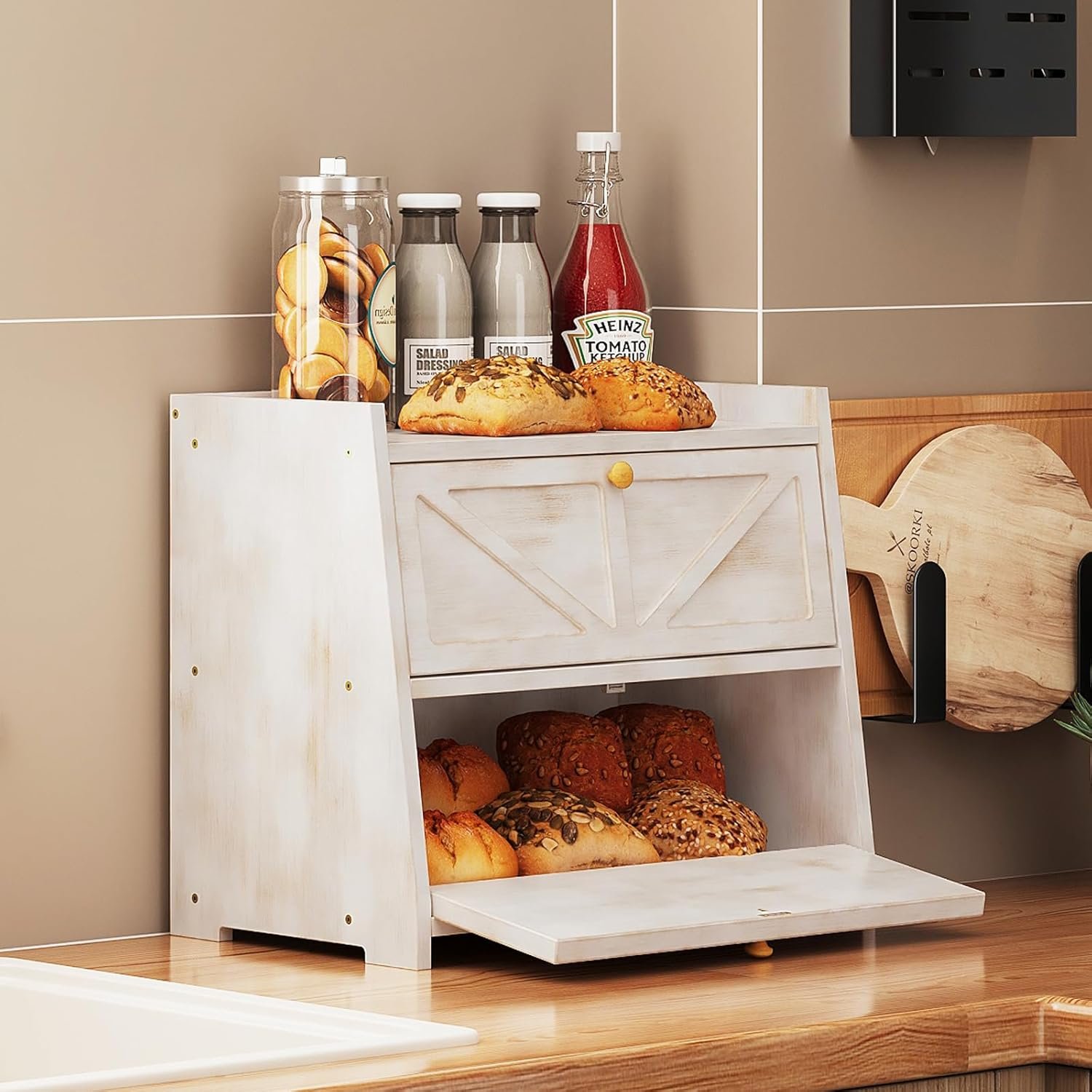 Vintage Double Layer Bread Box for Kitchen Counter Bamboo Bread Storage Container Large Capacity Bread Storage Bin (Antique White) - Image 3