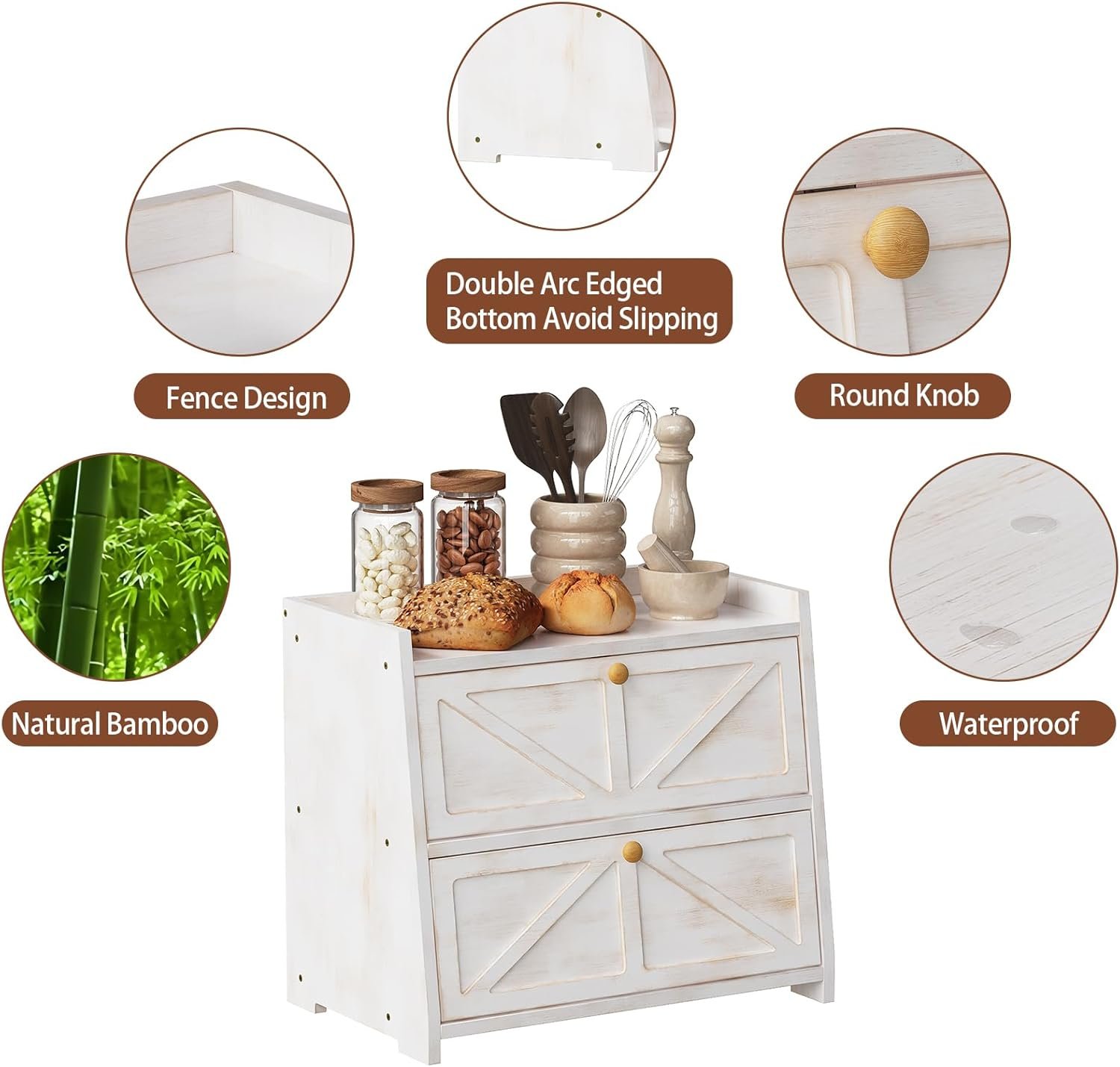 Vintage Double Layer Bread Box for Kitchen Counter Bamboo Bread Storage Container Large Capacity Bread Storage Bin (Antique White) - Image 4