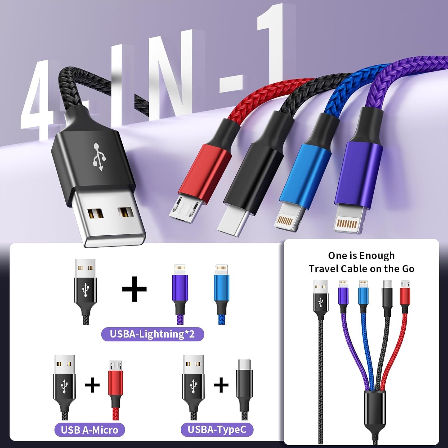 Dual IP 4 in 1 Multi Charging Cable [1Pack 5FT], Nylon 4 in 1 Charging Cable, Multi Chargers for All Devices with IP/IP/Type C/Micro Port, Compatible with Most Cell Phones/Tablets and More - Image 4