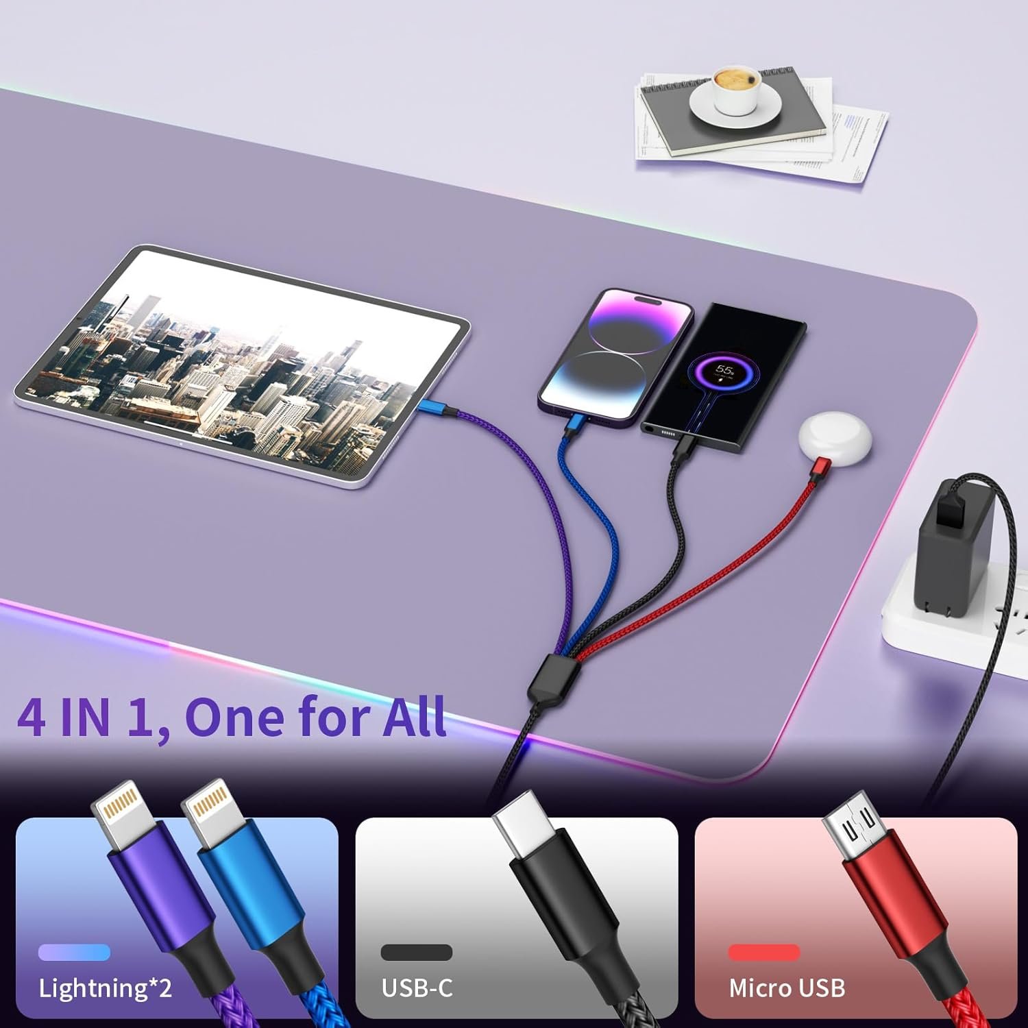 Dual IP 4 in 1 Multi Charging Cable [1Pack 5FT], Nylon 4 in 1 Charging Cable, Multi Chargers for All Devices with IP/IP/Type C/Micro Port, Compatible with Most Cell Phones/Tablets and More - Image 5